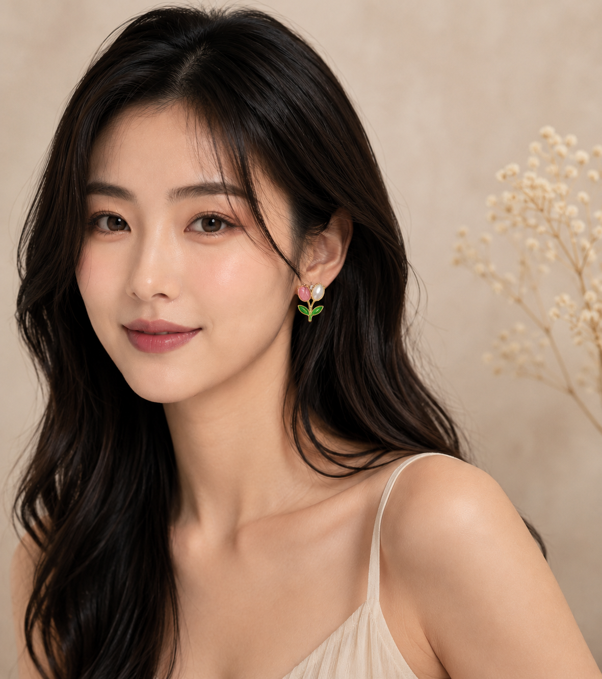 ELORIA Blush Rose Bud Earrings worn by an East Asian model