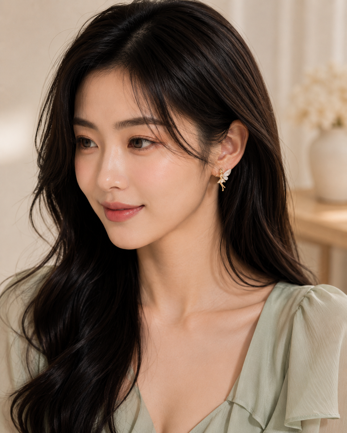ELORIA Angel Wing Earrings worn by a Korean-inspired East Asian fashion model