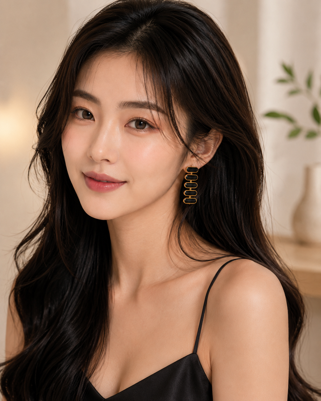 ELORIA Black Cascade Earrings worn by a woman with long dark hair