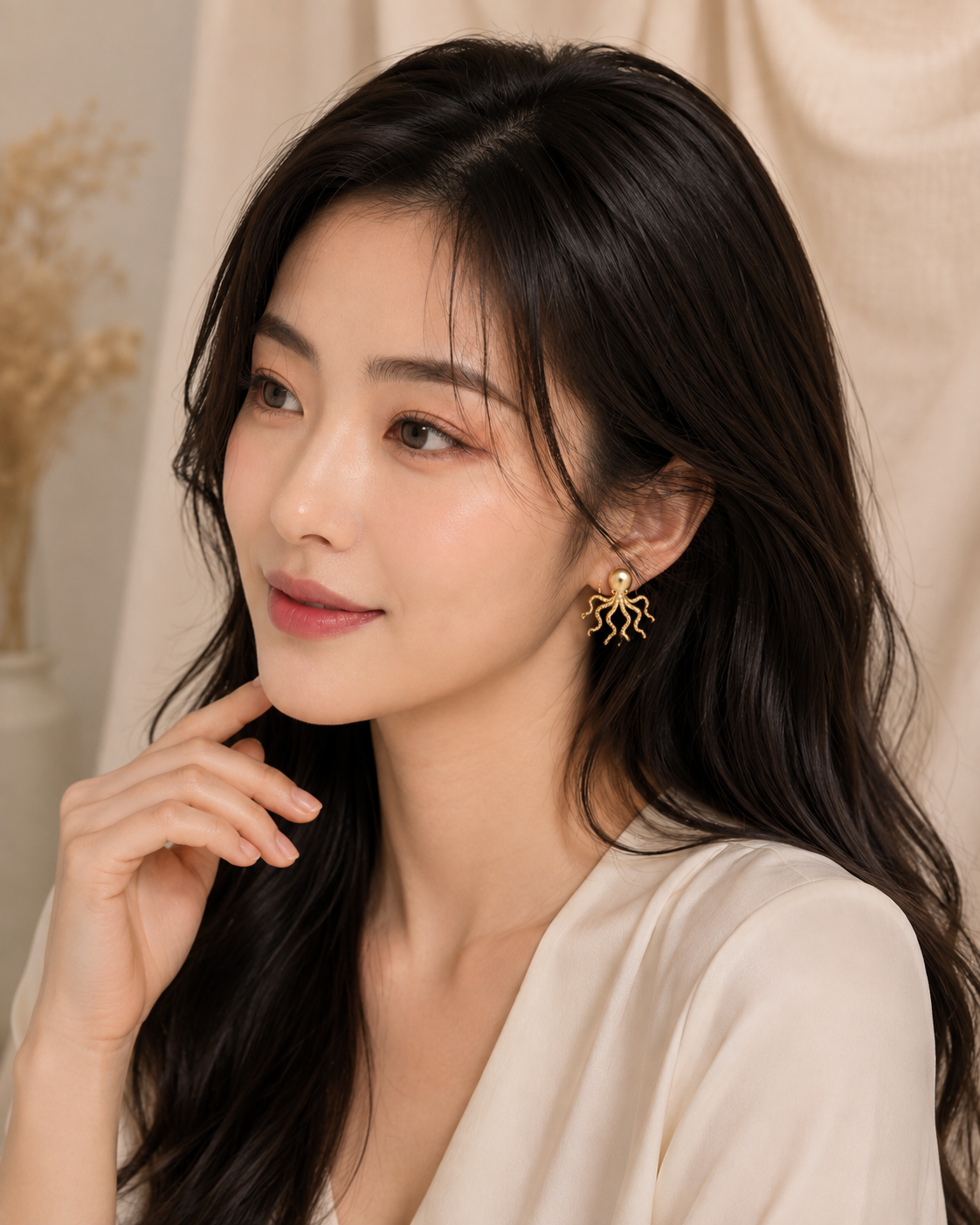 Aurelia Octopus Earrings worn by a woman in an elegant studio portrait