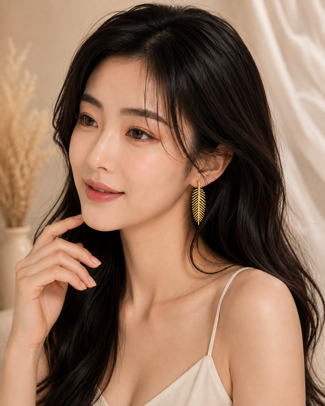 Model wearing ELORIA gold leaf earrings