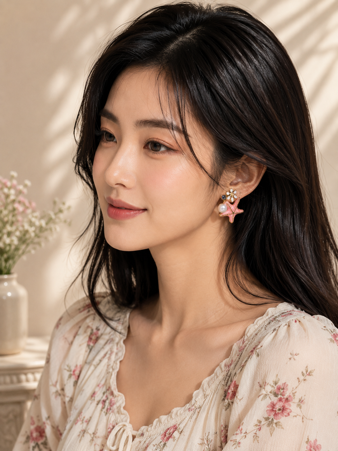 ELORIA pink starfish pearl earrings worn by a woman