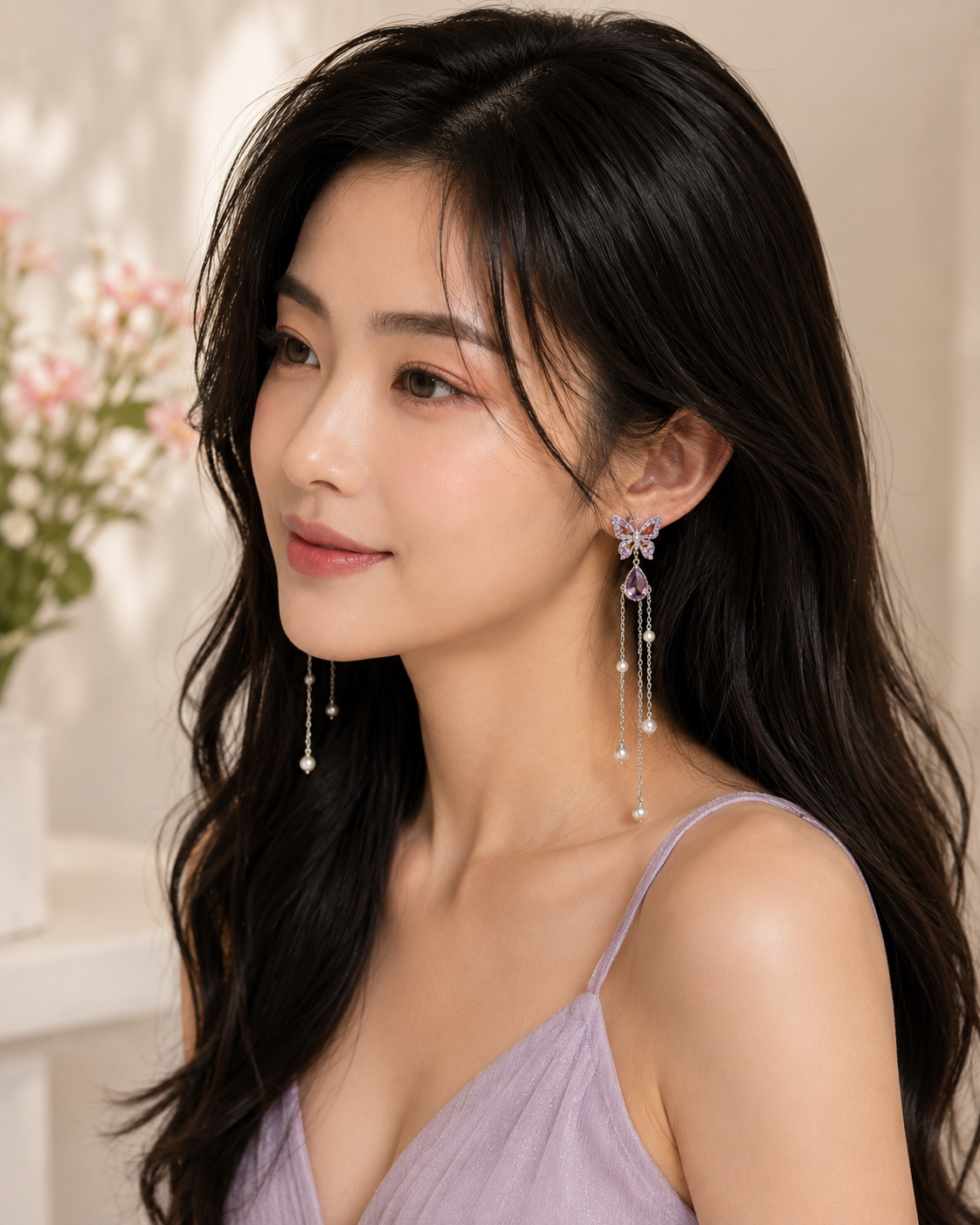 ELORIA butterfly pearl chain drop earrings worn by a woman