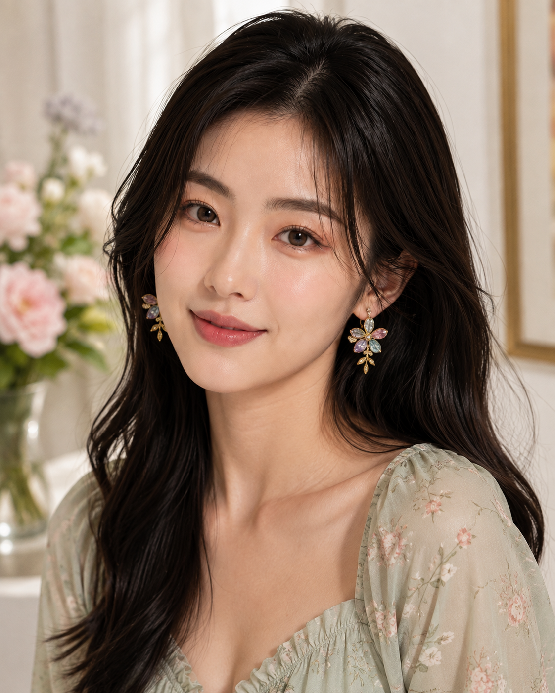 ELORIA pastel floral gemstone earrings worn by a woman