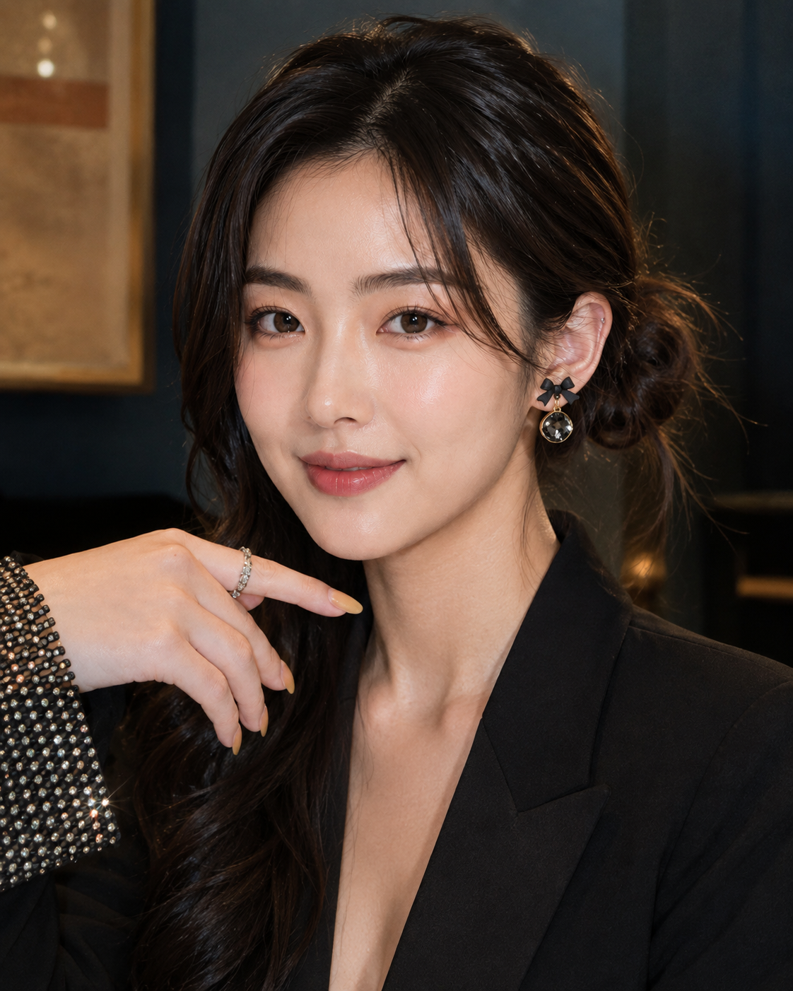 ELORIA black bow earrings with faceted black gemstone drops worn by a woman
