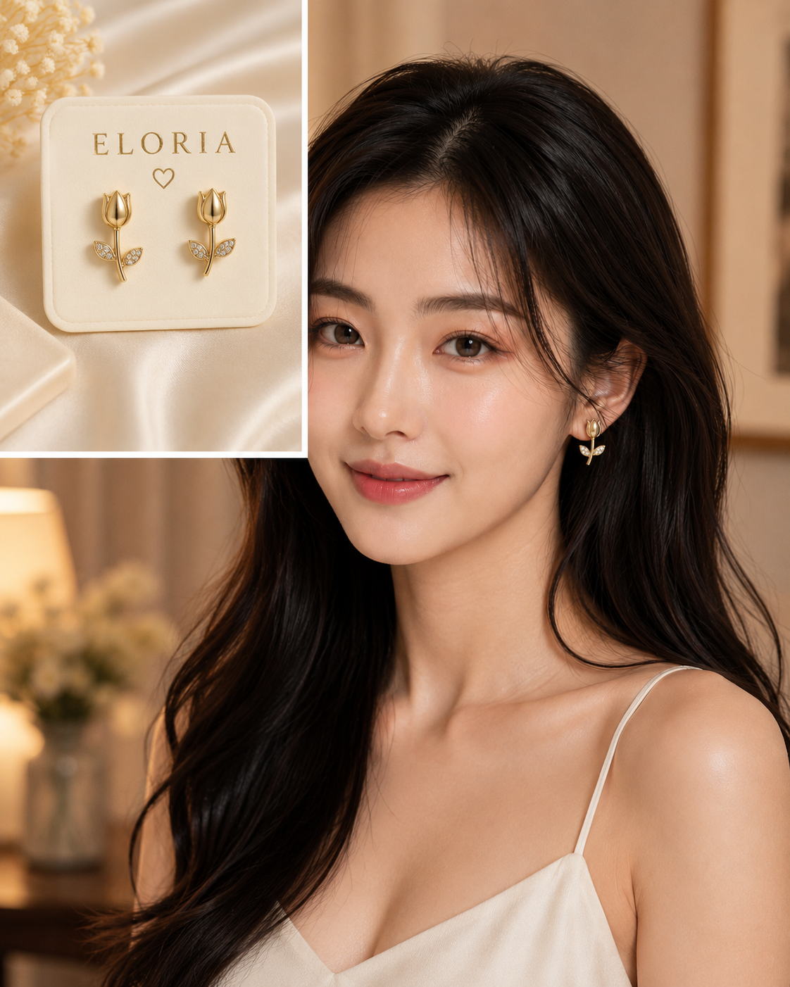Young woman wearing delicate gold-tone floral vine earrings with sparkling crystal leaf accents.