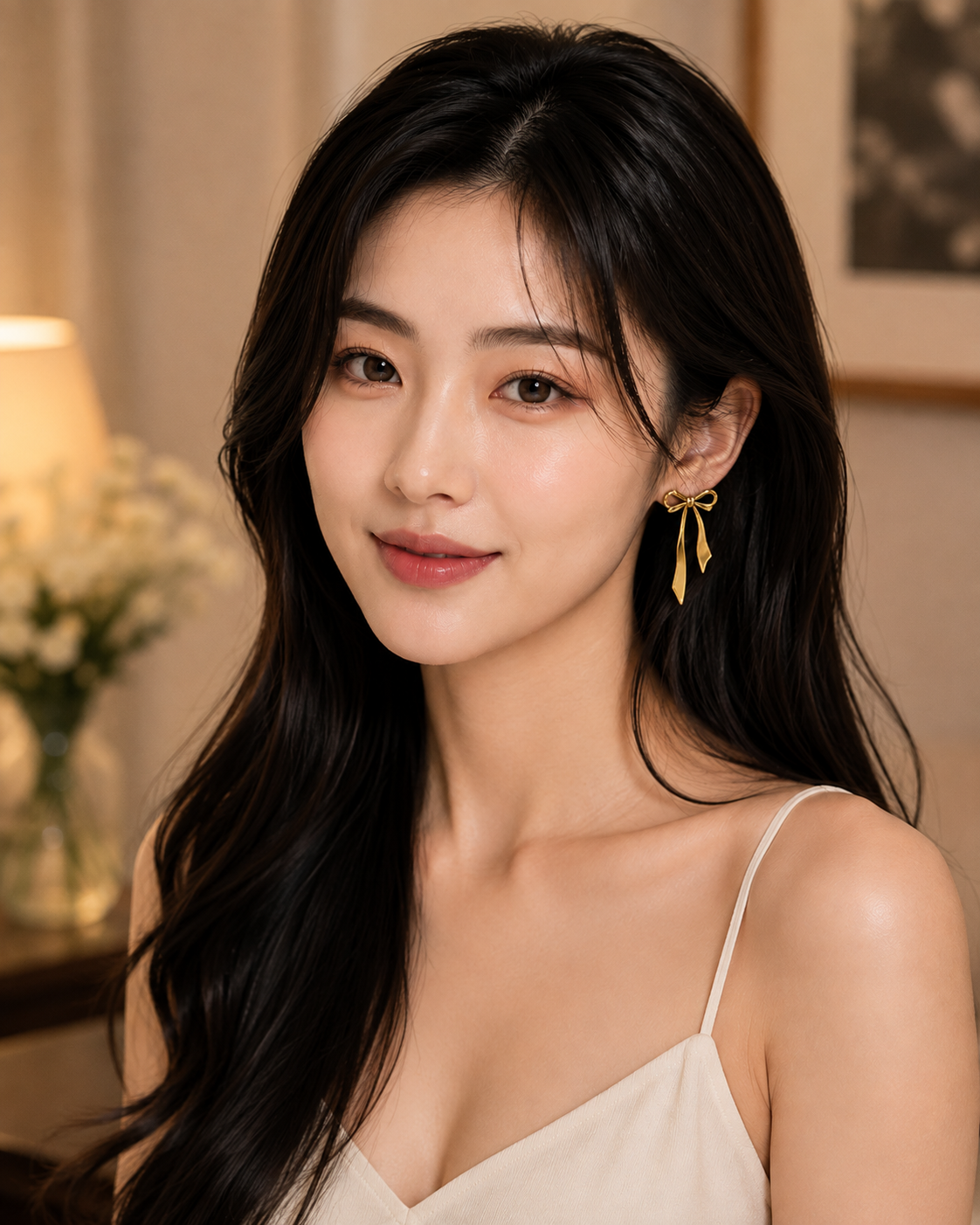 Young woman wearing elegant gold-tone bow ribbon drop earrings.