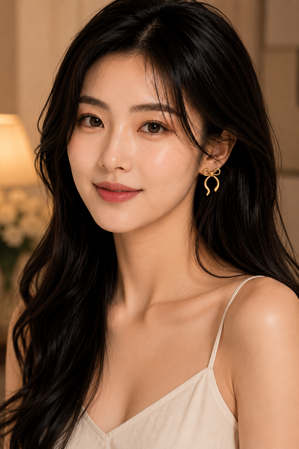 Young woman wearing elegant gold-tone bow ribbon loop earrings.