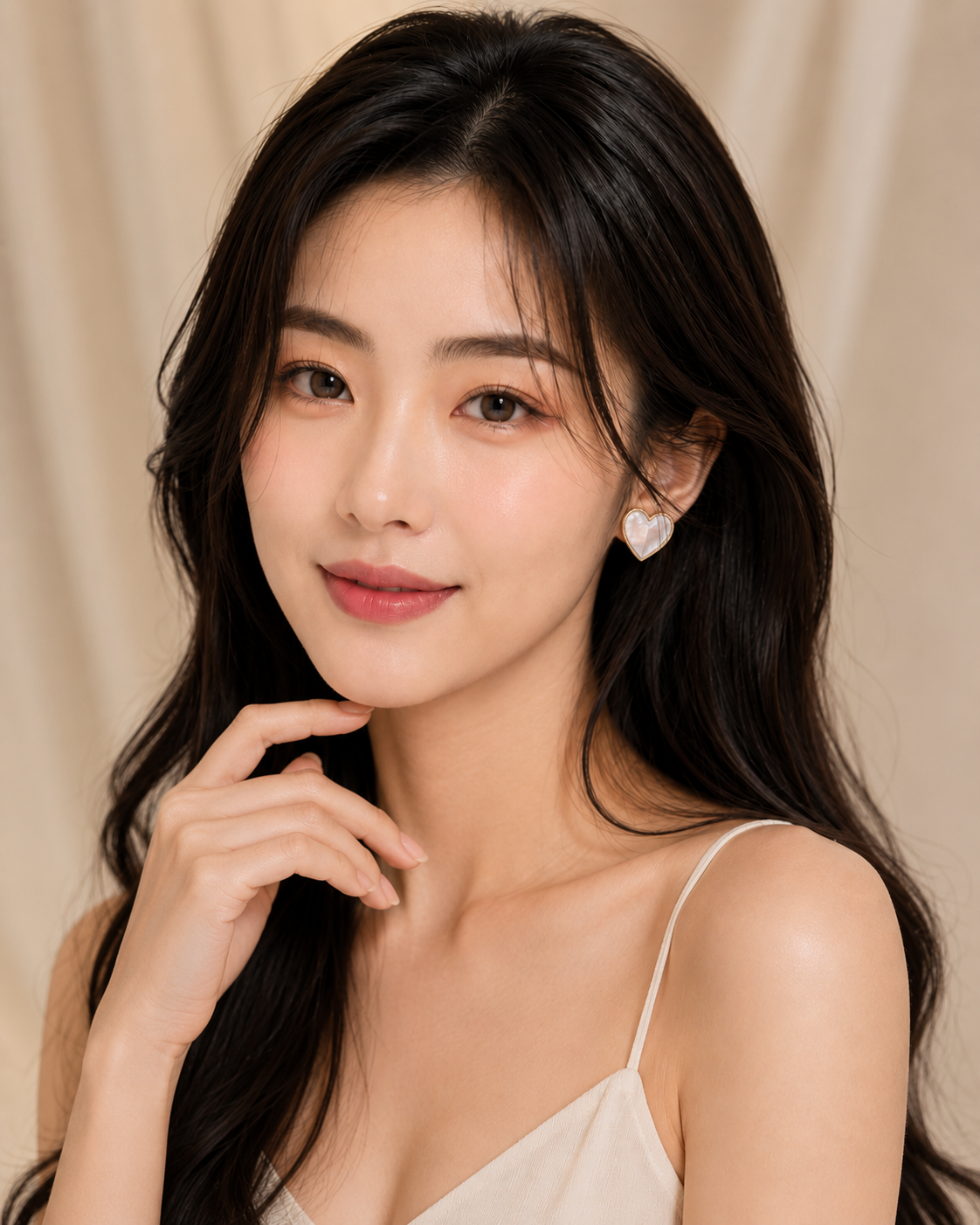 Woman wearing ELORIA pearl heart stud earrings