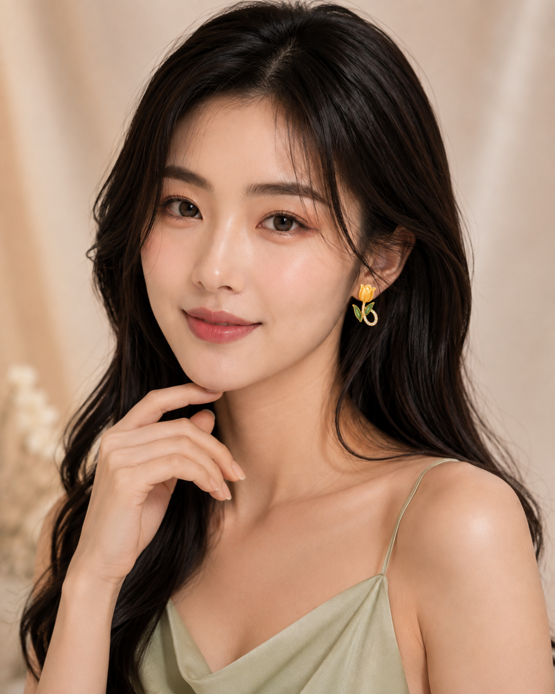 Woman wearing ELORIA Golden Rose and Green Gem Drop Earrings
