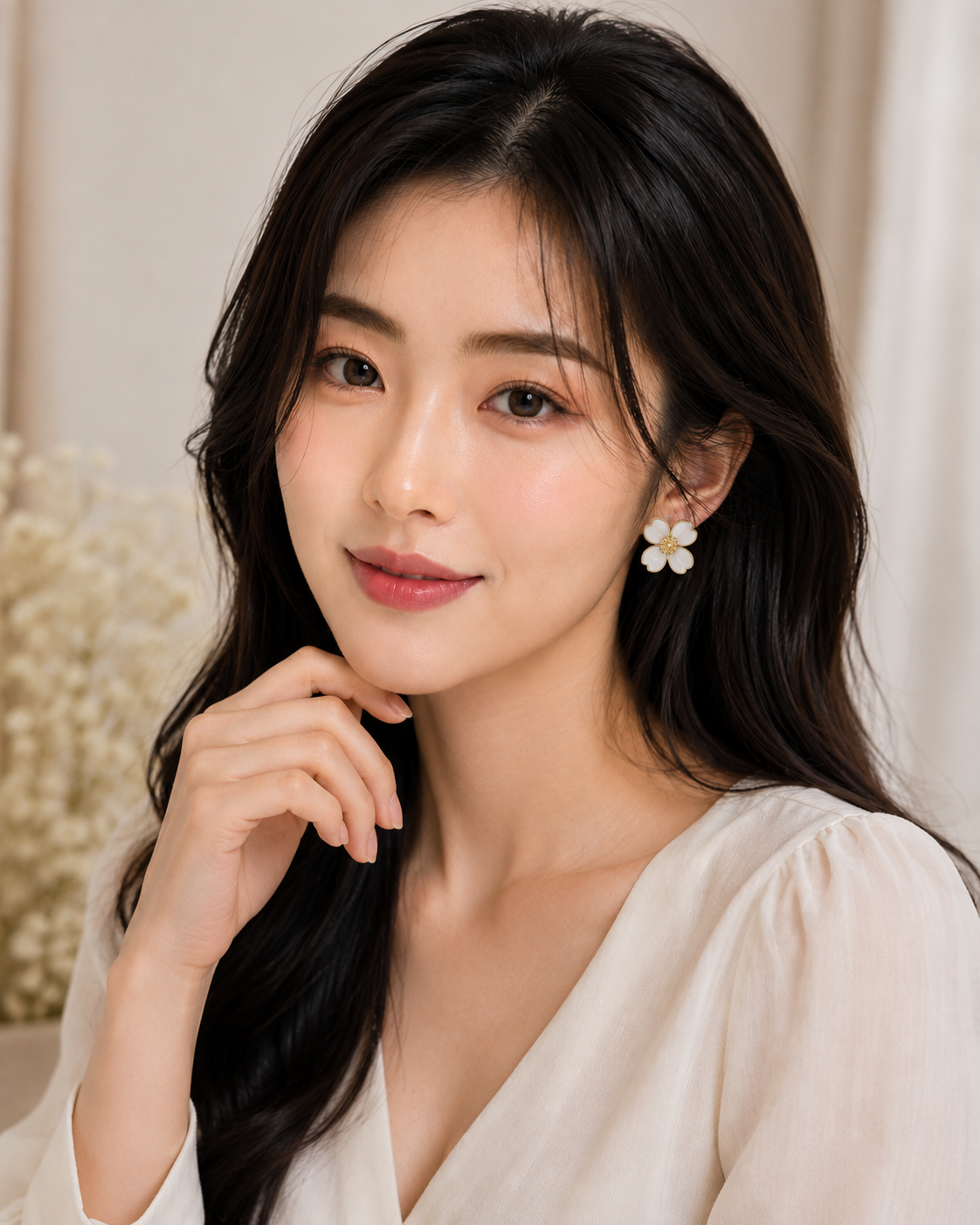 Model wearing ELORIA white flower-shaped gold stud earrings
