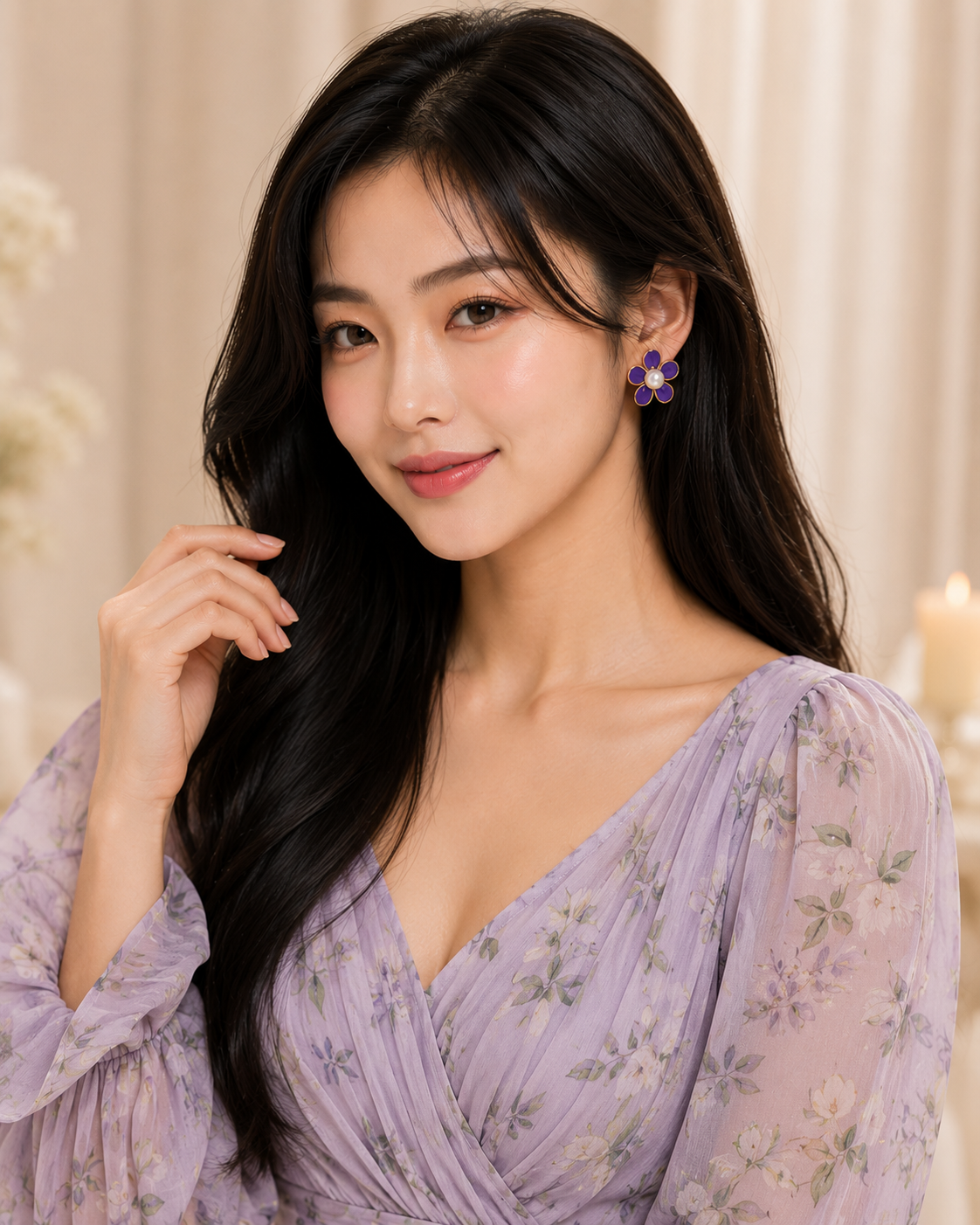 Model wearing purple floral pearl stud earrings with gold-tone detailing