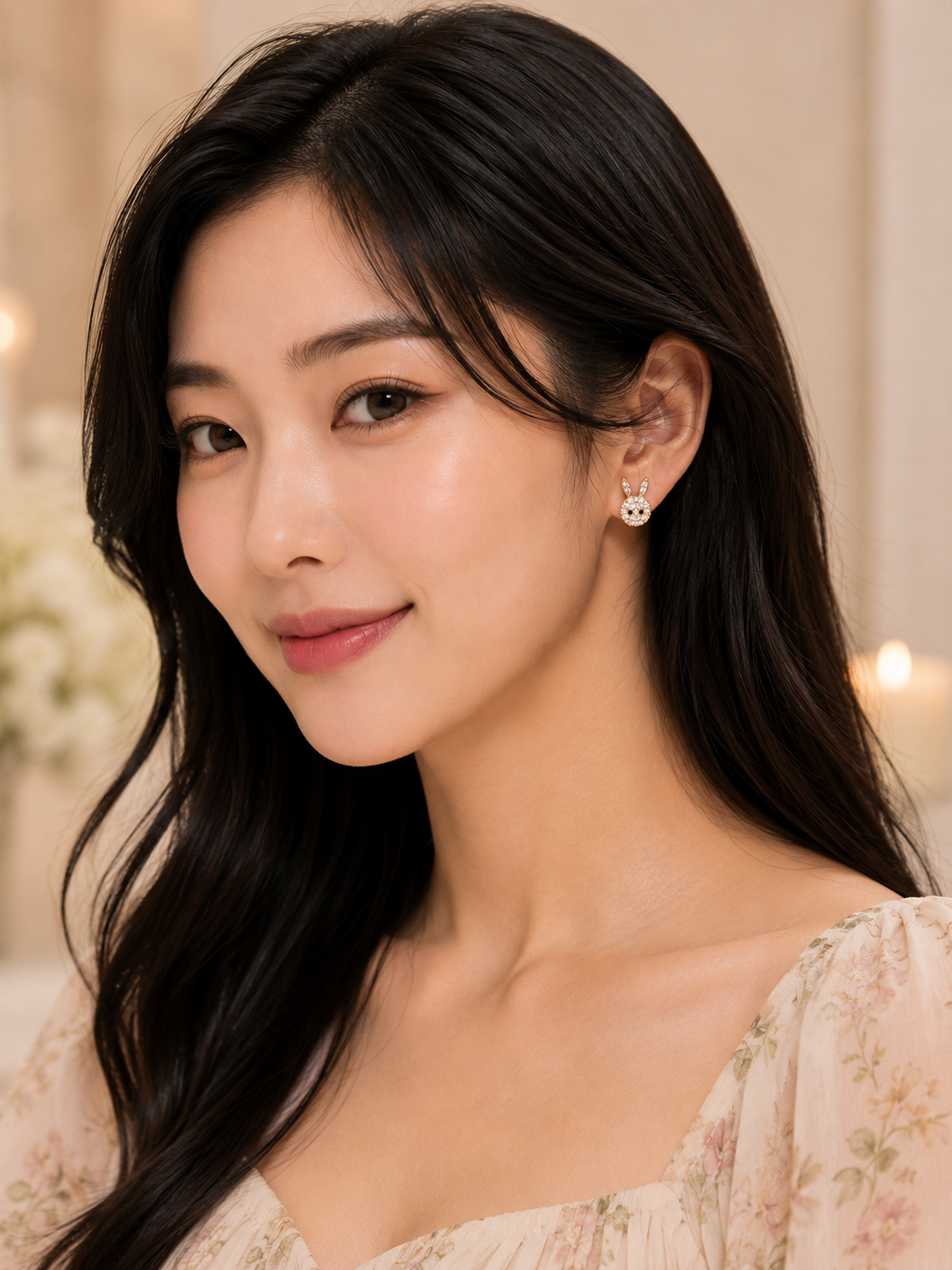 Model wearing Luna Hare crystal bunny stud earrings in rose gold