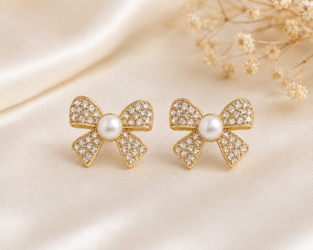Gold-tone crystal bow earrings with pearl center on ivory satin