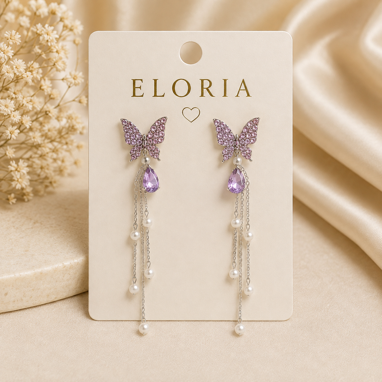 ELORIA butterfly pearl chain drop earrings with purple crystal details