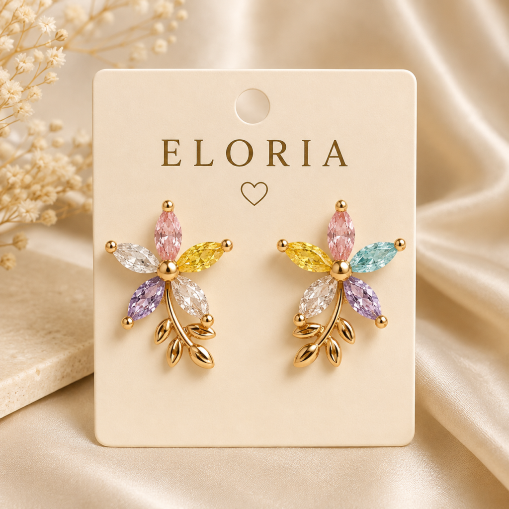 ELORIA pastel multicolor floral gemstone earrings on display card