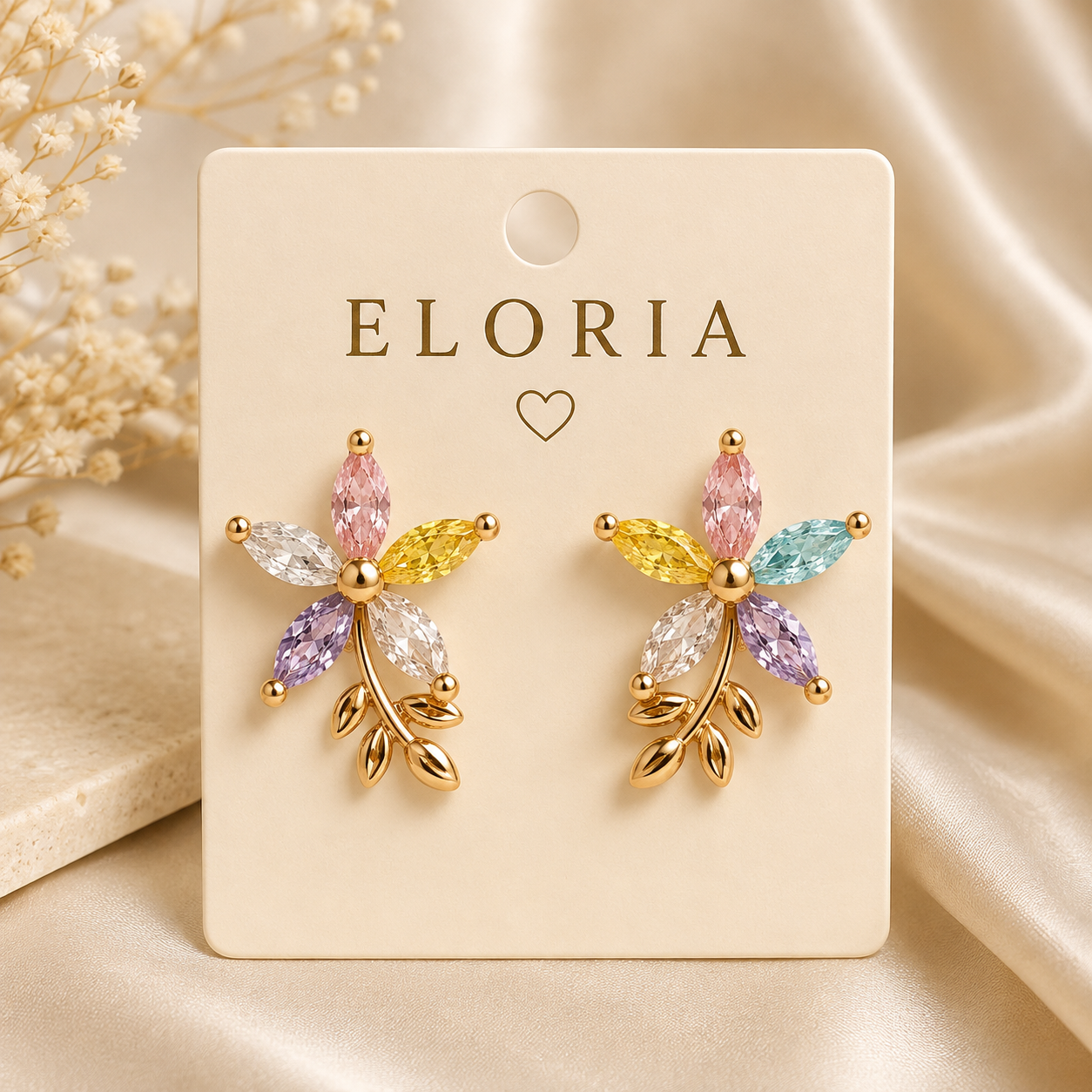 ELORIA pastel multicolor floral gemstone earrings on display card