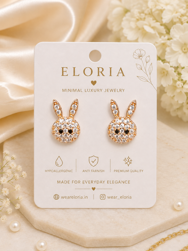 Luna Hare Studs rose gold crystal bunny stud earrings on ELORIA jewelry display card