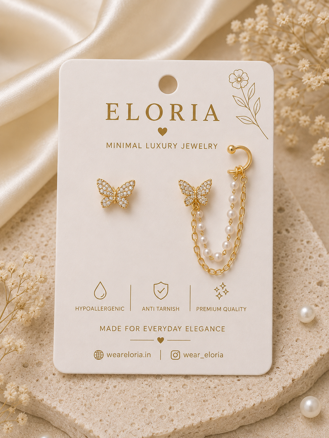Celeste Butterfly Ear Cuff gold butterfly crystal earring with pearl chain on ELORIA display card
