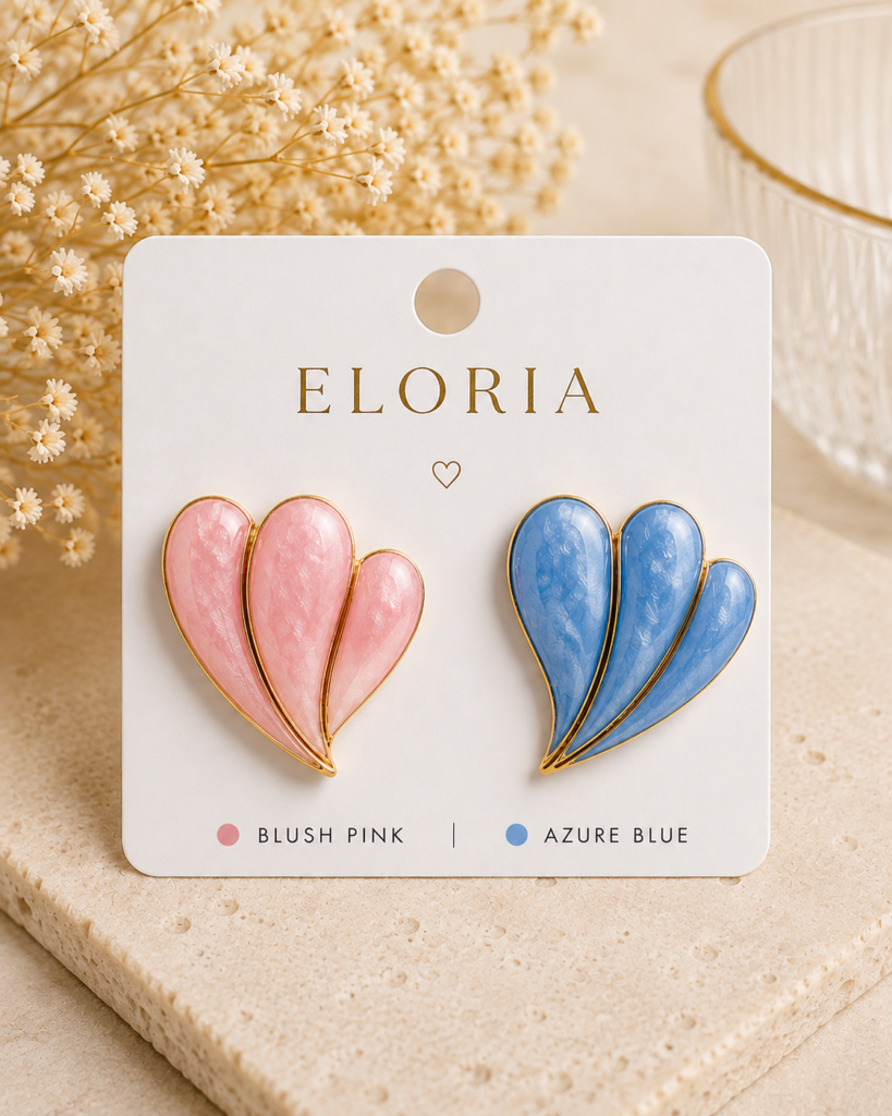 ELORIA heart-shaped earrings in blush pink and azure blue with gold-tone edging