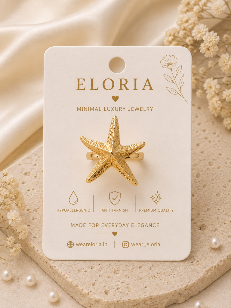 Astra Starfish Ring gold textured starfish statement ring on ELORIA display card