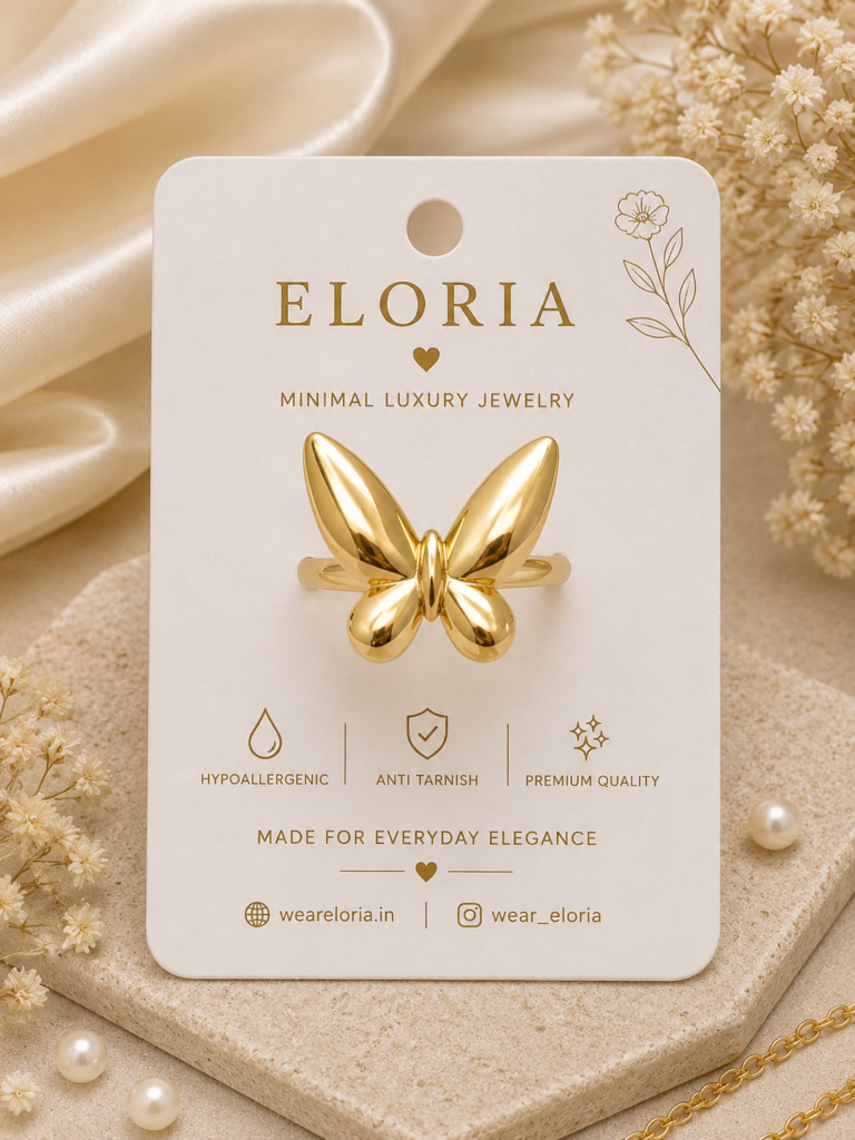 Aurelia Butterfly Ring gold butterfly statement ring on ELORIA display card
