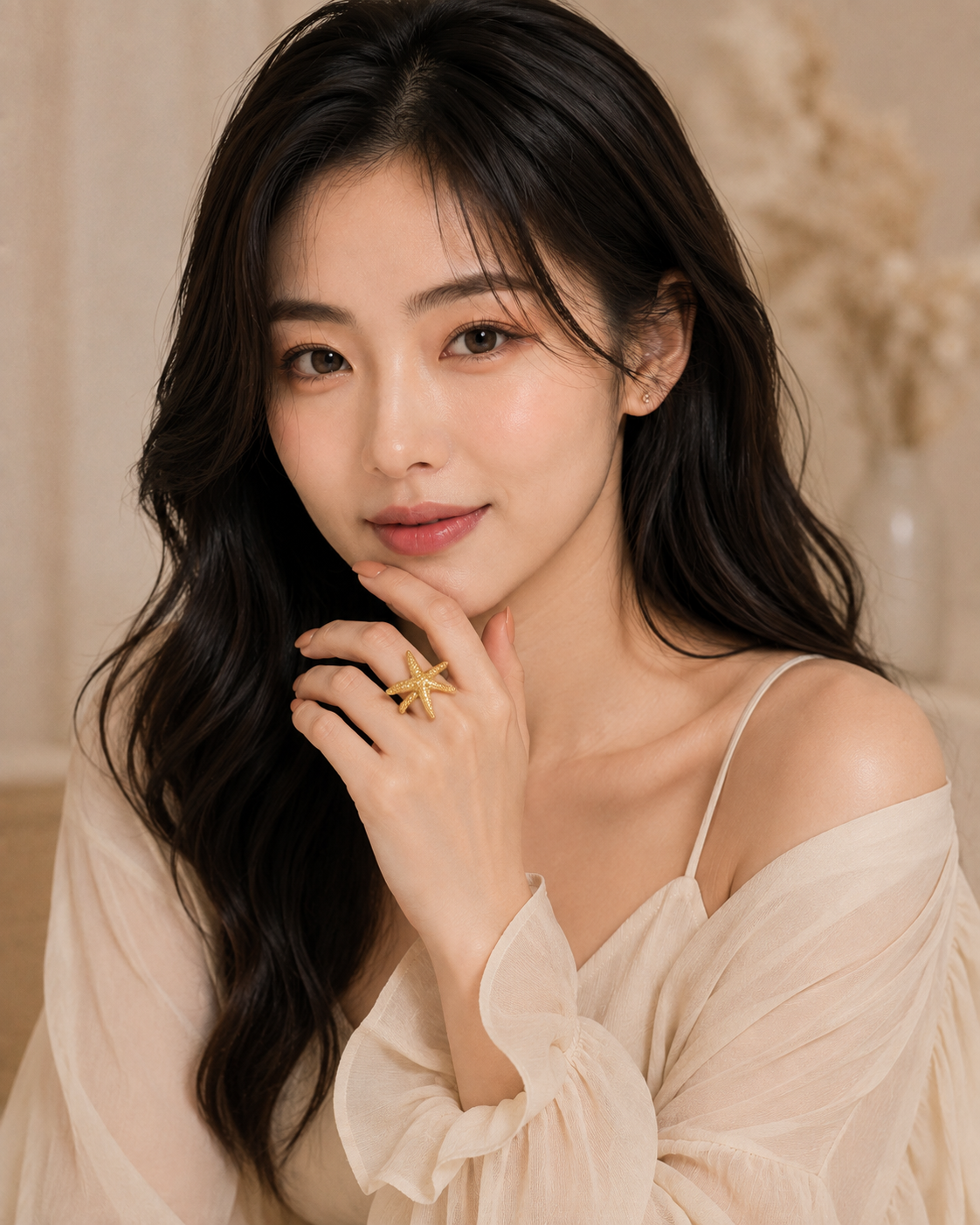 Model wearing Astra Starfish Ring gold textured starfish statement ring
