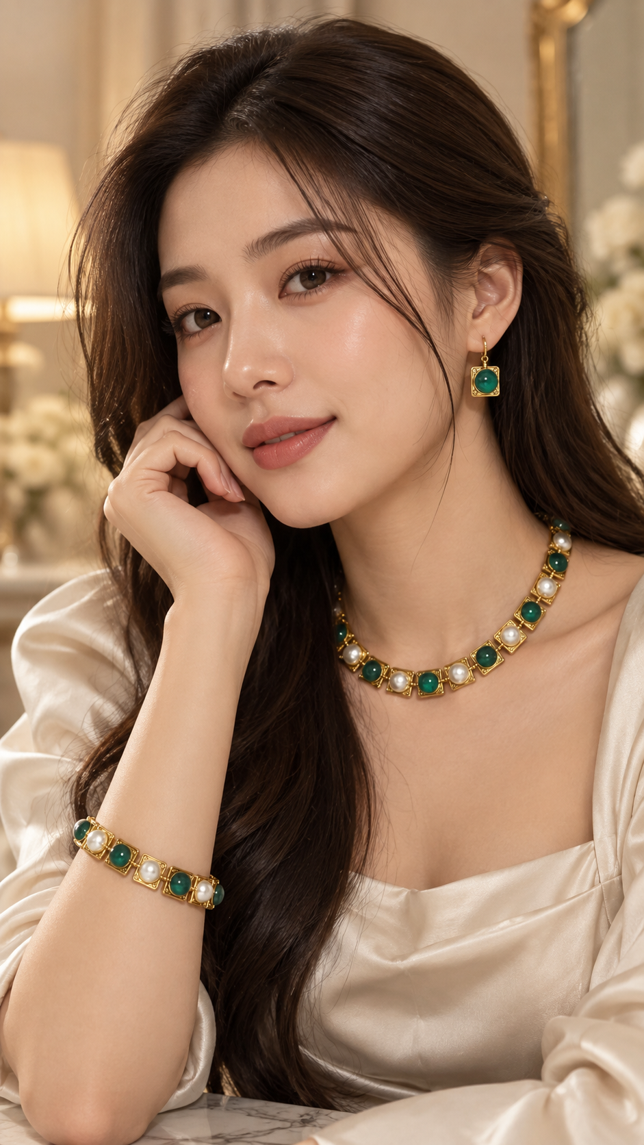 ELORIA model wearing the Emerald Pearl Élan green stone and pearl jewelry set