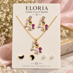 Eloria Rainbow Unicorn Charm Jewelry Set with Unicorn Earrings and Pendant Necklace