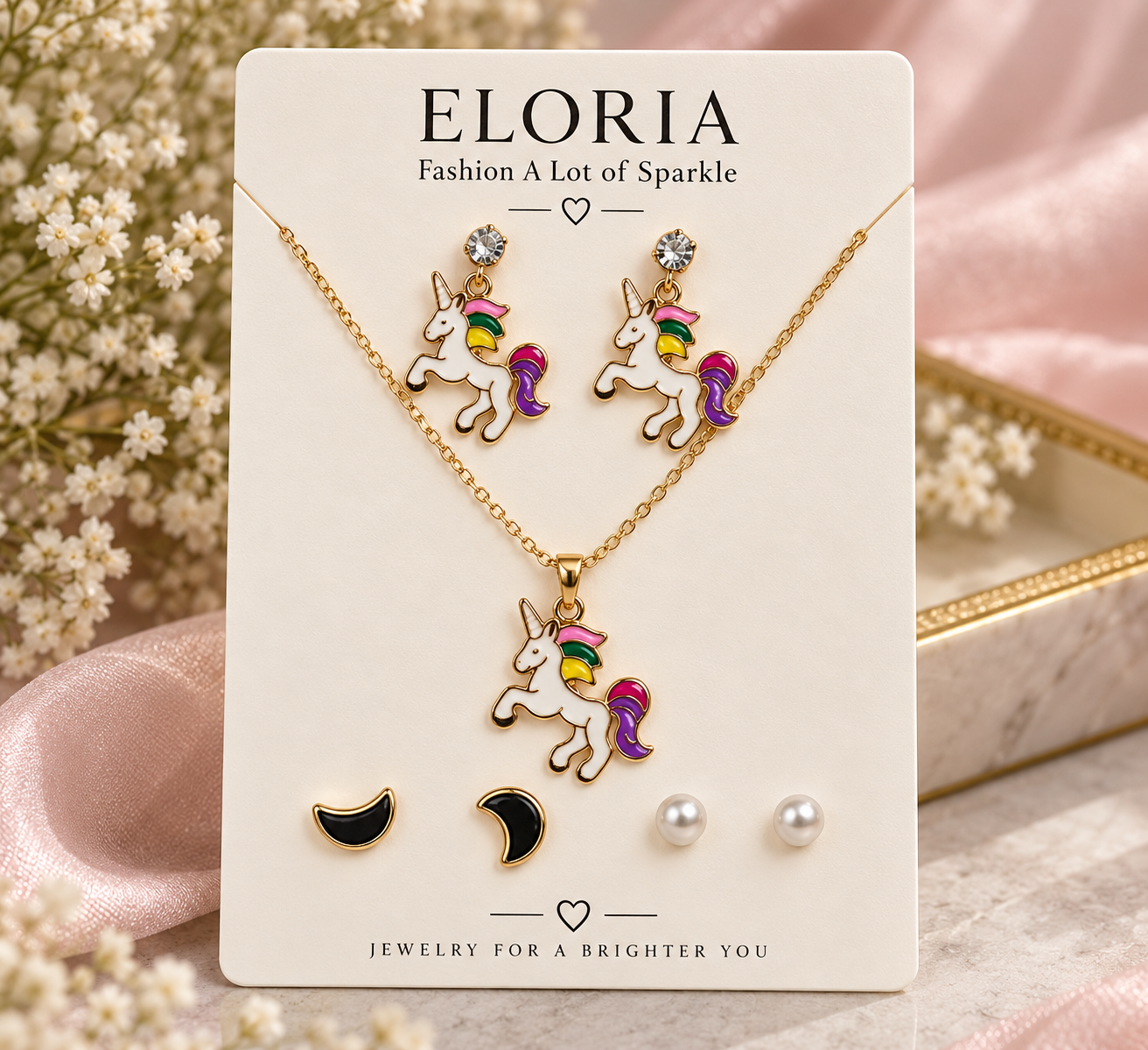 Eloria Rainbow Unicorn Charm Jewelry Set with Unicorn Earrings and Pendant Necklace