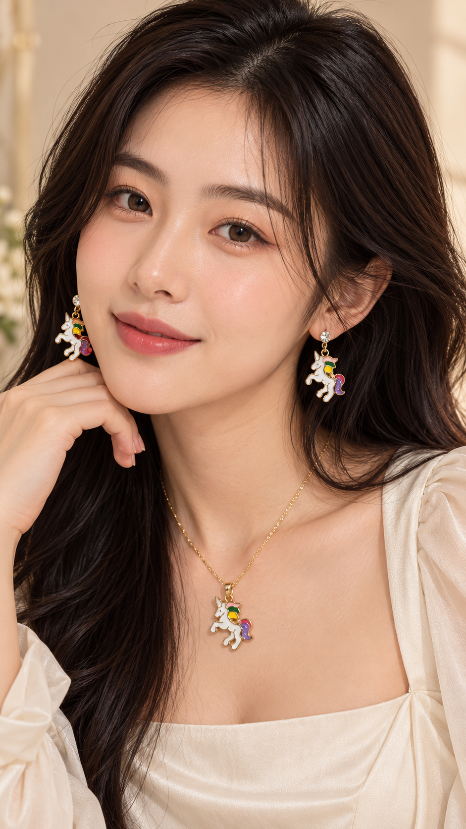 Eloria Rainbow Unicorn Jewelry Set worn by model