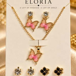 ELORIA Rosé Butterfly Charm Set featuring pink butterfly necklace and matching earrings