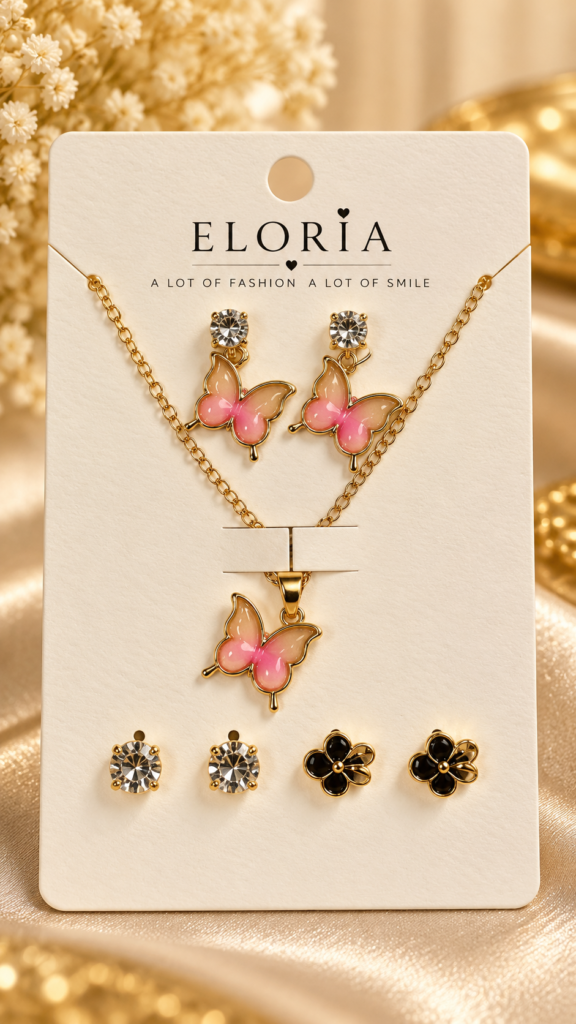 ELORIA Rosé Butterfly Charm Set featuring pink butterfly necklace and matching earrings