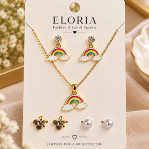 ELORIA Rainbow Wishes Jewelry Set with rainbow earrings necklace flower studs and pearl studs