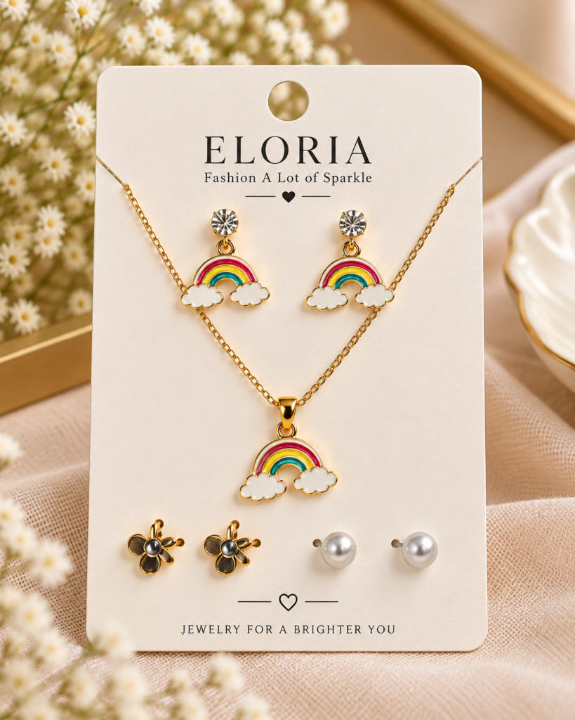 ELORIA Rainbow Wishes Jewelry Set with rainbow earrings necklace flower studs and pearl studs